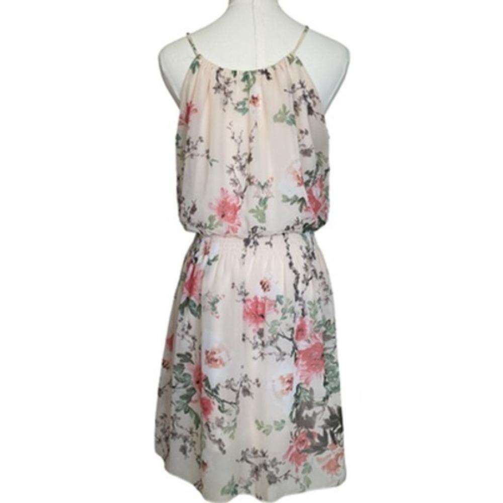 Sweet Storm Floral Halter Dress Cream Pink Smocked Waist Large Wedding Guest - Picture 5 of 12